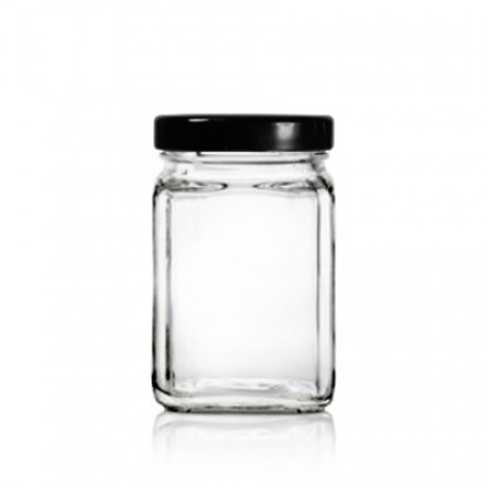 8 Oz Clear Glass Square Jar With Black Metal Lug Cap